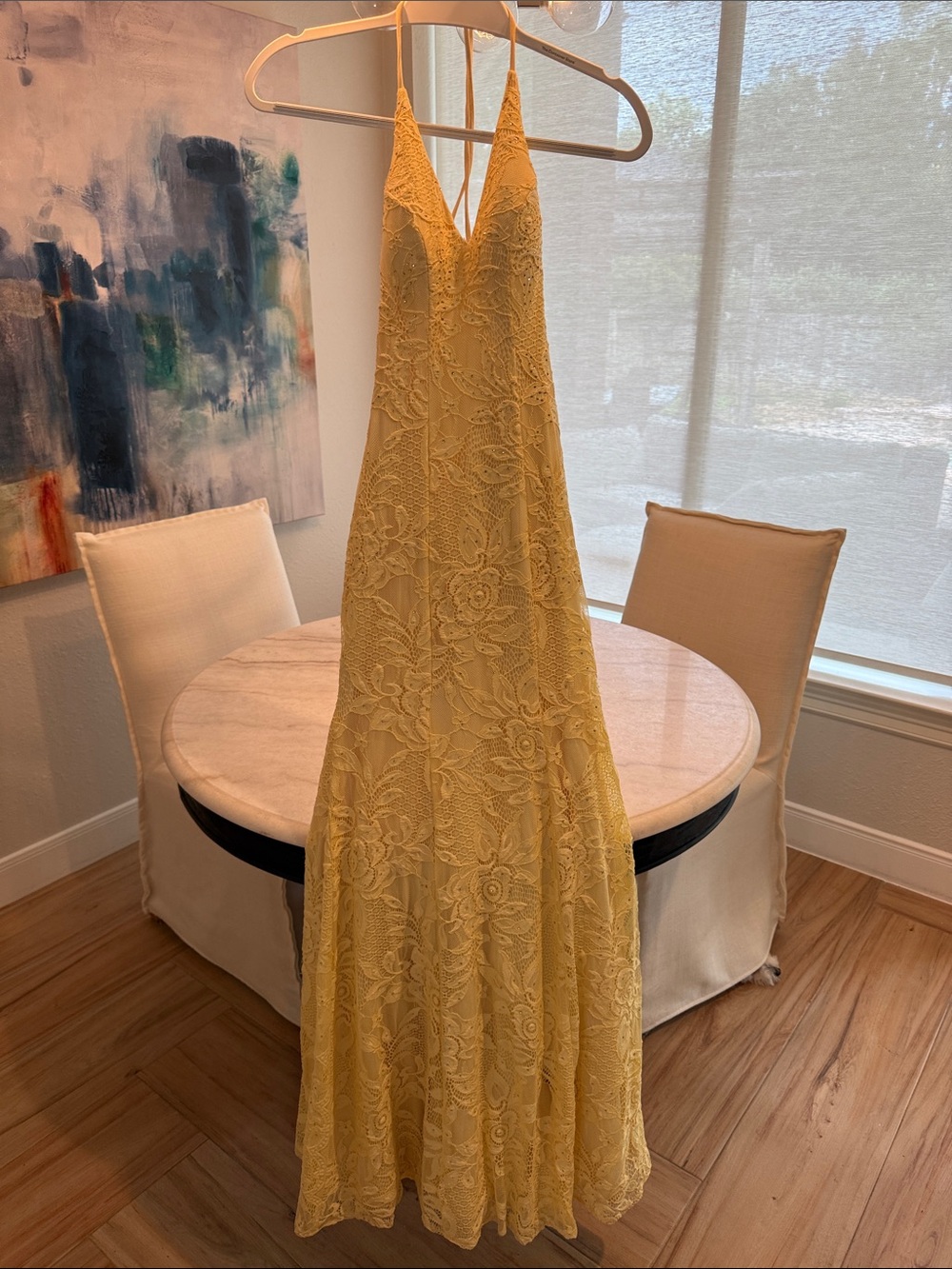 Yellow Beaded Lace V-Neck Prom Gown